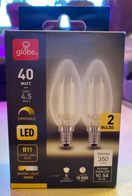 Globe 40watt Dimmable Led B11 Candelabra Base Warm Light 3000k 2 Bulbs FreeS&H! - Image 1 of 4