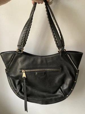 New Aimee Kestenberg Black Leather Handbag Goldtone Zipper Accents Round Bottom - Image 1 of 4