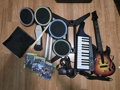 Xbox 360 Console S +Rock Band 2 Drum Set + Wireless Guitar + Piano, Games *READ* - Image 1 of 4
