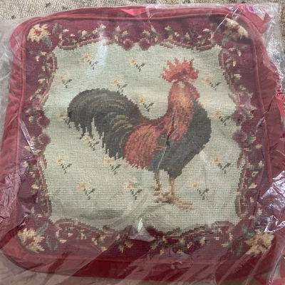Needlepoint Chair Cushion Handmade Wool BROWN LEGHORN ROOSTER Seat Pad Cover New - Image 1 of 3