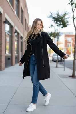 Abrigo Michael Kors Mezcla de Lana Cremallera Asimétrica Negro Moto Chaqueta Dorado Herrajes XS Foto 1 de 4