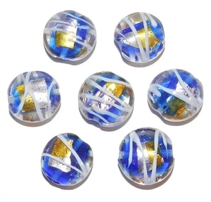 G274 Blue & Clear w Gold & Silver Foil 16mm Round Coin Lampworked Glass Bead 8pc - Picture 1 of 1