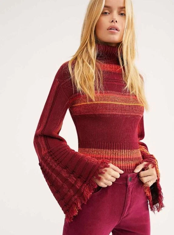 People Red Close to Me Knit Sweater Fringe Bell Sleeves Size S Pp06