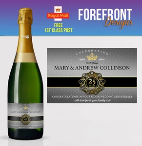 Etichetta bottiglia champagne personalizzata ARGENTO matrimonio anniversario/matrimonio 25 ANNI - Foto 1 di 6