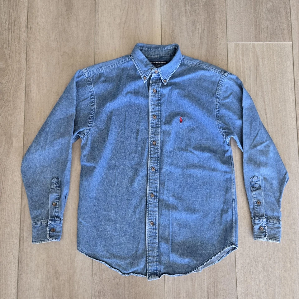 Vintage Ralph Lauren Sport Shirt Mens Medium Blue Denim Button Down Red Pony 90s - Image 1 of 4