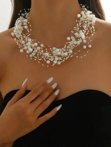 Elegant Layered Faux Pearl Statement Necklace, Wedding & Formal Gift Jewelry - Picture 1 of 7