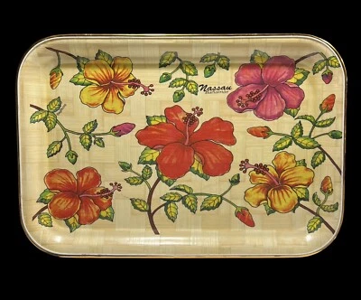 Bamboo Serving Tray Hibiscus Rectangular Woven Souvenir Vintage Bahamas - Image 1 of 4
