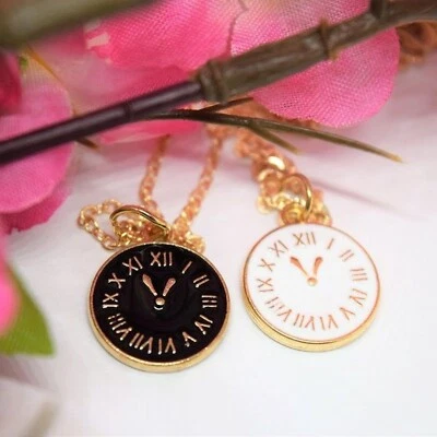 NEW Clock Black White Pendant Charm Gold Necklace Choker Chain Vintage Jewelry - Image 1 of 4