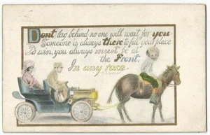 Postal firmada por artista H.B. Spencer tirando de caballos automóvil roto 1915 - Imagen 1 de 2