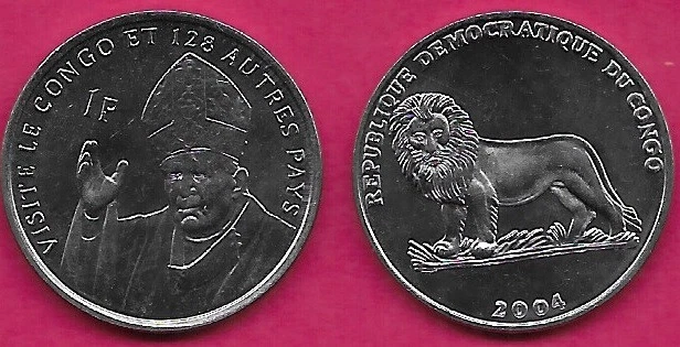 CONGO DEMOCRATIC REP 1 FRANC 2004 UNC 1 YEAR TYPE,(POPE) 25Th ANNIVERSARY POPE J - Image 1 of 1