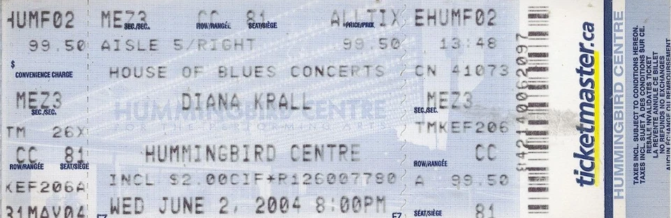 DIANA KRALL HUMMINGBIRD CENTRE TORONTO JUNE 2 2004 TICKET STUB - Image 1 of 1