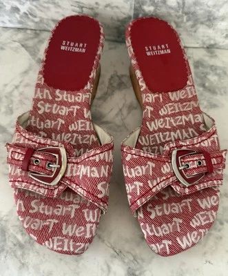 Stuart Weitzman Red Graffiti Logo Sandals Womens 8.5 B Wooden Wedge Slip On - Image 1 of 4