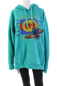 Gucci Womens Cotton Graphic Sequin Front Pocket Pullover Hoodie Blue Size M - Picture 1 of 14
