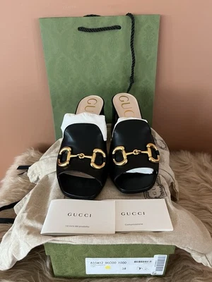 Gucci women's Black Nappa Lumere Horsbit Slide Sandals Size 38 New In Box - Image 1 of 4