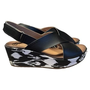 Clarks Stasha Hale Sandals Black Wedge Criss-cross Leather Shoes Womens 8 W - Picture 1 of 9
