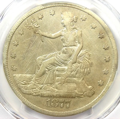 Dólar de plata comercial 1877-CC T$1 - PCGS VF Detalles - Moneda rara de Carson City Foto 1 de 4