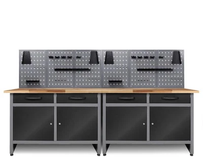 Ondis24 Werkstatt Set 240cm 2x Werkbank Metall 6x Lochwand Montagewerkbank - Bild 1 von 4