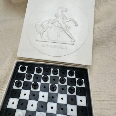 Vintage Soviet Travel Checkers Plastic Leingrad Karbolite Table Game 1980s  - Image 1 of 4
