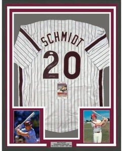 FRAMED Autographed/Signed MIKE SCHMIDT HOF 95 33x42 Pinstripe Jersey JSA COA - Picture 1 of 2