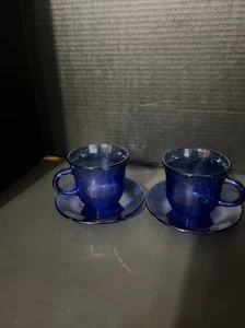 2 -Vintage Forte Crisa Mexico Cobalt Blue Textured Glass Sunflower Cup & Saucer - Picture 1 of 8