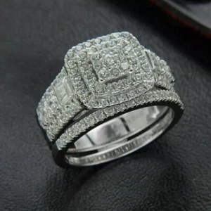 Juego de anillos de boda simulados brillantes blancos de plata de ley maciza de 1,25 quilates - Imagen 1 de 3