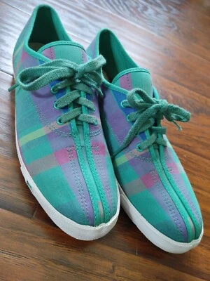 Zapatillas de barco vintage K-Swiss de lona a cuadros talla 9 para mujer verde rosa Preppy Retro Foto 1 de 4