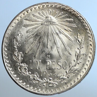 1934 M MEXICO Large Eagle Liberty Cap Mexican Antique Silver Peso Coin i110916 - Image 1 of 3