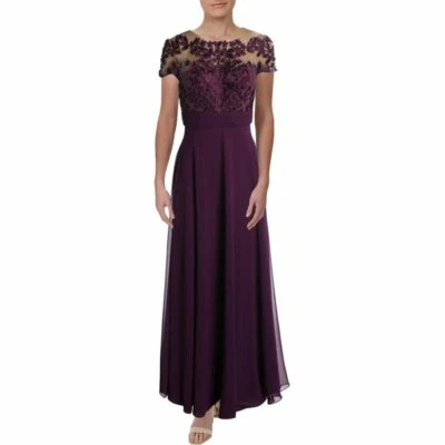 JS COLLECTIONS 3D LEAF EMBROIDERED CHIFFON GOWN 6 PURPLE NEW - Image 1 of 3