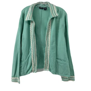 Norton McNaughton Womens Size XL Teal Blue Open Front Cotton Blazer White Piping - Picture 1 of 6