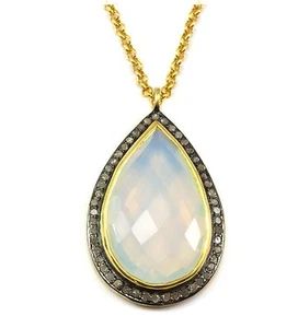Opalite Pendant Necklace Pave Set Champagne Diamonds 14k gold Filled Teardrop - Picture 1 of 3