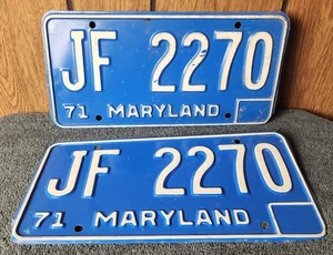 Juego de pares de etiquetas de matrícula Maryland 1971 a juego de colección letrero de coche camión garaje MD - Imagen 1 de 1