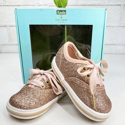 2.0 (3-6m) Baby Kate Spade Rose Gold Glitter Crib Shoe Champion Sneakers w/ Box - Image 1 of 4