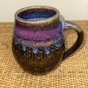 VTG Handmade Studio Art Pottery Coffee Mug Tea Brown With Blue Drip Glaze Signed - Picture 1 of 5