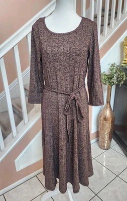 NUEVO CON ETIQUETAS NINA LEONARD Vestido Marrón Metálico Manga 3/4 Cinturón Ajuste y Acampanado Tejido Talla M Foto 1 de 4