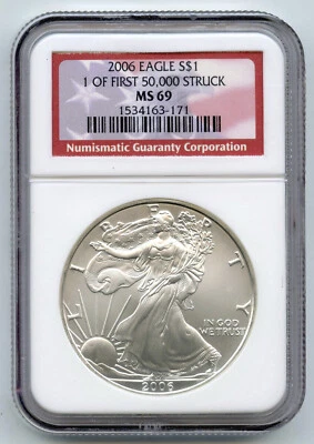 2006 American Eagle Silver Dollar NGC MS69 Primo 50.000 Colpiti Bullion - L654 - Immagine 1 di 2