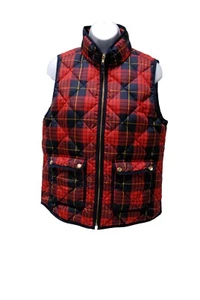 J CREW Womens Down Quilted Full Zip Puffer Vest, Red Black Buffalo Plaid, S EUC - Picture 1 of 6