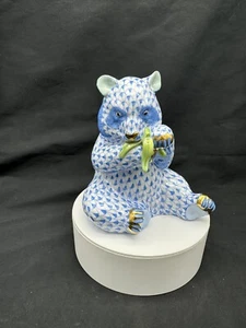 HEREND Blue Fishnet PANDA Eating Bamboo Figurine No. 15348, 5" tall - Picture 1 of 11