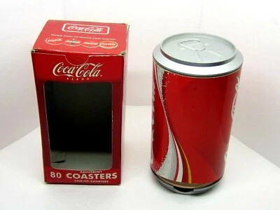 Coca Cola Coasters in Coke Can Reuseable Canister with 80 Unused Coasters Party - Image 1 of 4
