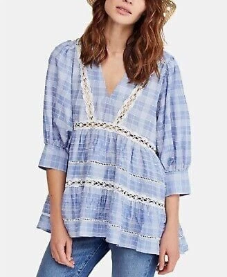 Free People Time Out Lace Blue Plaid 3/4 Sleeve Oversized Tunic — 第 1/4 张图片
