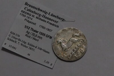 🧭 🇩🇪 GERMANY BRAUNSCHWEIG HANNOVER 1/12 THALER 1805 GFM SILVER SCARCE B79 #W6 - Image 1 of 2