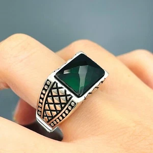 Men Silver Green Stone Ring, 925k Sterling Silver, Handmade Simulated Stone - Picture 1 of 10