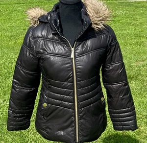 Michael Kors Jacket Girls Large Black Quilted Puffer Faux Fur Hood Winter Coat - Picture 1 of 24