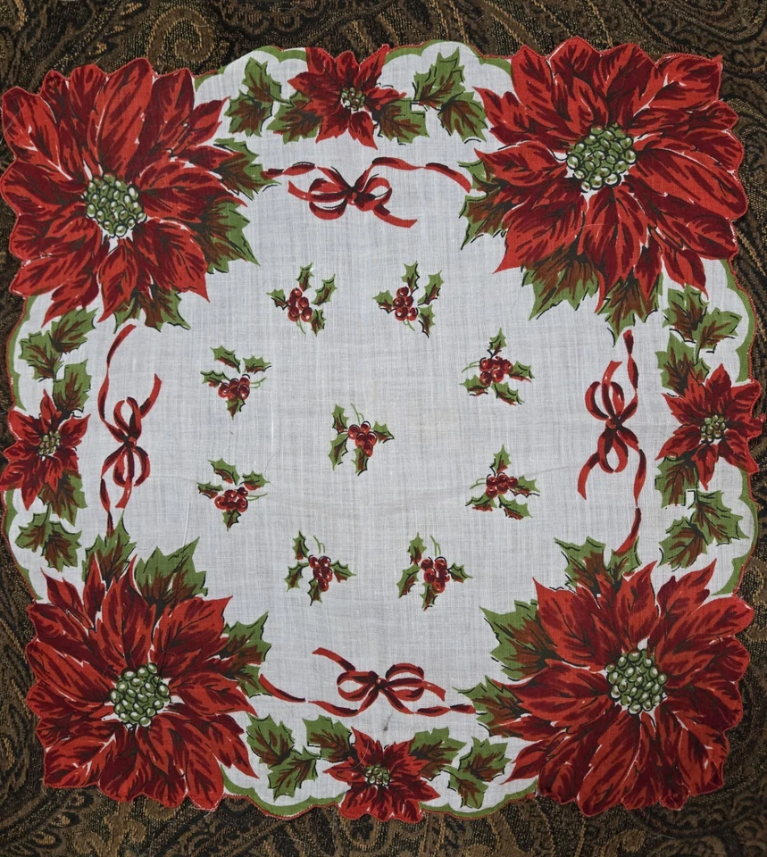 VTG Poinsettia Flower CHRISTMAS Ladies Handkerchief Hanky 1950's Wedding Party  - Image 1 of 4