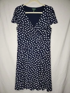 Lauren Ralph Lauren Dress Size 14 Navy Blue & White Polka Dot Jersey Faux Wrap - Picture 1 of 14