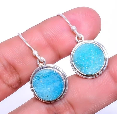 Sky Blue Quartz Drusy Gemstone 925 Sterling Silver Handmade Earring 1.17" A379 - Image 1 of 4
