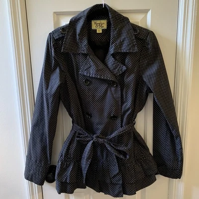 Maralyn&Me Womens Blk/Wh Polka Dot Ruffle Bottom Belted Rain Jacket Size XL - Image 1 of 4