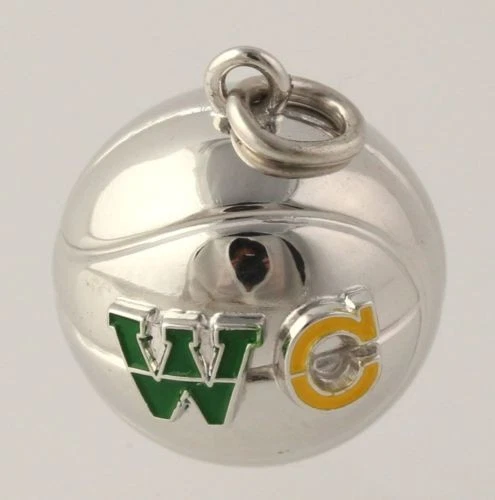 运动小饰品 - 纯银篮球 WC 学校联盟珐琅绿色和黄色 — 第 1/4 张图片