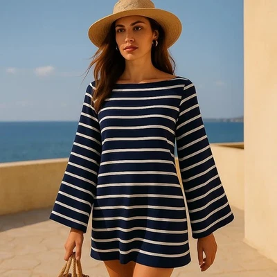 Reformation Junia Knit Dress Navy and White Striped Short Breton Boat Neck Small - Image 1 of 4