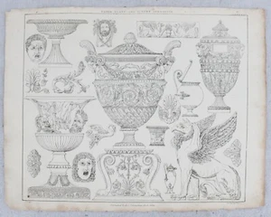 Antique Neoclassical Vases Decorative Items Cottingham 1824 Architectural Print - Picture 1 of 2