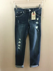 Neu mit Etikett Levi's Distressed dunkle Waschung "Girlfriend" Jeans gerolltes Bündchen - Mädchen 12 Reg - Bild 1 von 10
